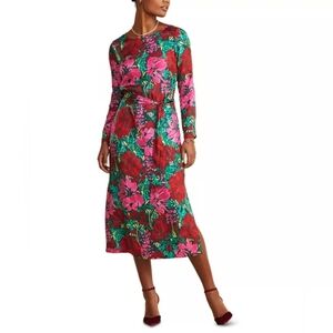 Vineyard Vines Long Sleeve Silk Blend Midi Dress in Brush Floral Burgundy Size M